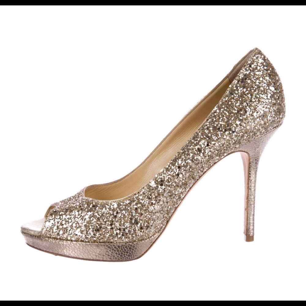 NWT Gold Glitter Jimmy Choo Peep Toe 38.5 (8US)
